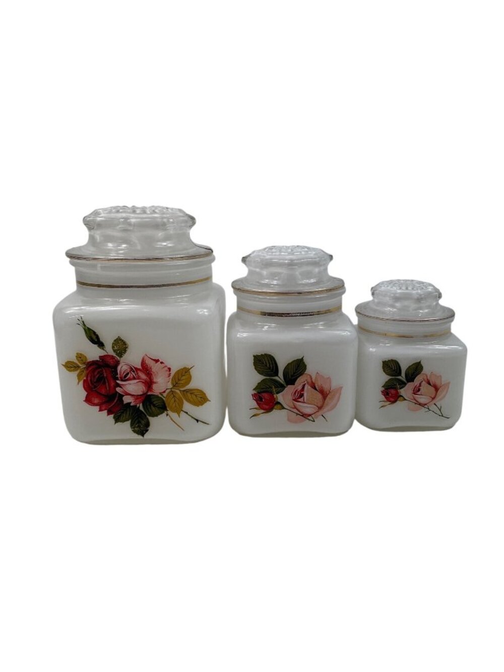 White Frosted Glass Jars With Gold Trim And Floral Rose Design Set Of 3 With Lid